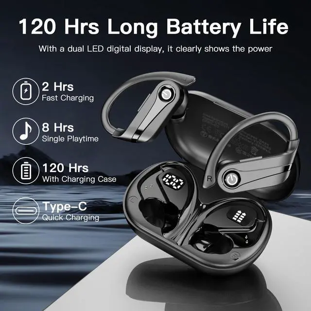 Alt view image 4 of 5 - Wireless Earbuds 120H Playback Bluetooth 6.1 Headphones IPX7 Waterproof Stereo Bass Over-Ear Headphones with Earhooks Microphone LED Battery Display for Sports Running Workouts