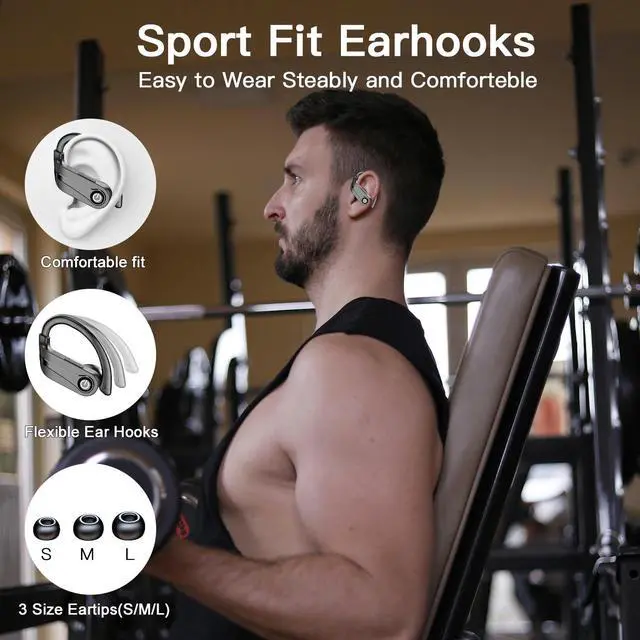 Alt view image 5 of 5 - Wireless Earbuds 120H Playback Bluetooth 6.1 Headphones IPX7 Waterproof Stereo Bass Over-Ear Headphones with Earhooks Microphone LED Battery Display for Sports Running Workouts