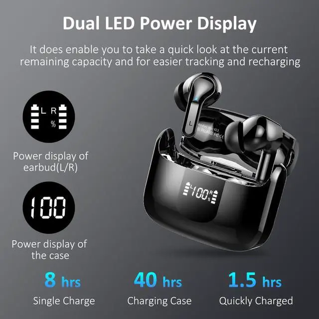 Alt view image 4 of 7 - Wireless Earbuds, Bluetooth 5.3 Headphones 2026 NEW Ear Buds 40H Bass Stereo in-Ear Earphones ENC Noise Cancelling Earbuds with 4 HD Mic, USB-C LED Display IP7 Waterproof Sport Headset for Android iOS