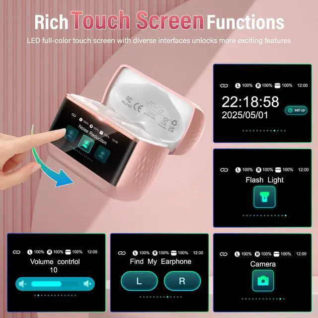 Alt view image 2 of 7 - Wireless Earbuds with Touch Screen, Bluetooth 5.4 Headphones, ANC/ENC Noise Cancelling, 48H HiFi Stereo Bluetooth Ear Buds with 5 EQ Modes, Transparency Mode, IPX7 Earphones, Rosa