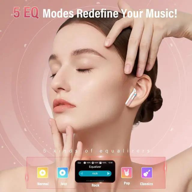 Alt view image 4 of 7 - Wireless Earbuds with Touch Screen, Bluetooth 5.4 Headphones, ANC/ENC Noise Cancelling, 48H HiFi Stereo Bluetooth Ear Buds with 5 EQ Modes, Transparency Mode, IPX7 Earphones, Rosa