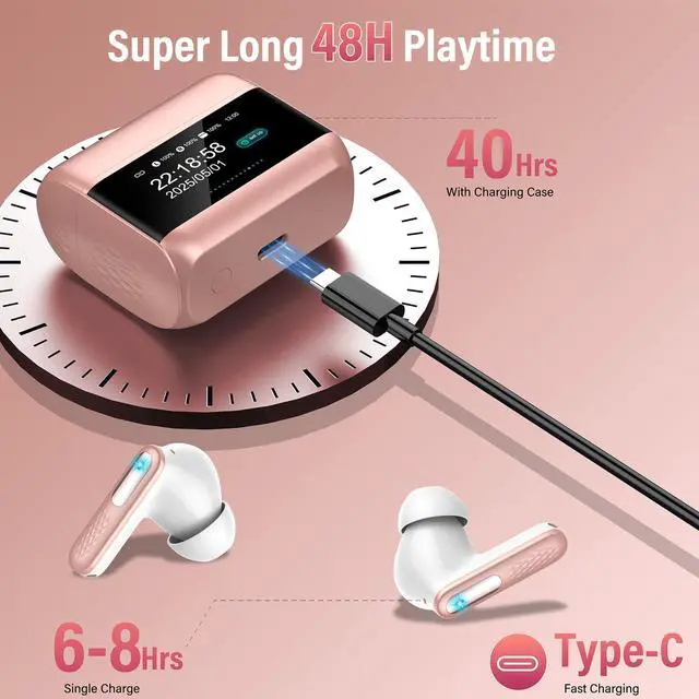 Alt view image 6 of 7 - Wireless Earbuds with Touch Screen, Bluetooth 5.4 Headphones, ANC/ENC Noise Cancelling, 48H HiFi Stereo Bluetooth Ear Buds with 5 EQ Modes, Transparency Mode, IPX7 Earphones, Rosa