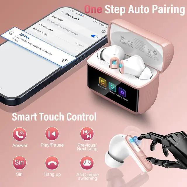 Alt view image 7 of 7 - Wireless Earbuds with Touch Screen, Bluetooth 5.4 Headphones, ANC/ENC Noise Cancelling, 48H HiFi Stereo Bluetooth Ear Buds with 5 EQ Modes, Transparency Mode, IPX7 Earphones, Rosa