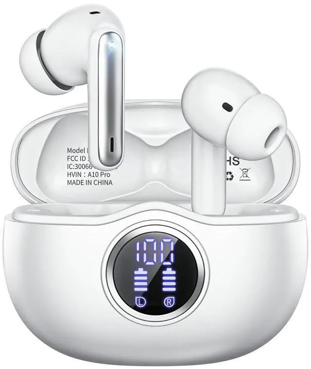 Main image of Wireless Earbuds, Bluetooth 5.3 Headphones HiFi Stereo 50H Playback LED Digital Display Ear Buds with ENC Noise Canceling Headset, IPX7 Waterproof Earphones for Gym/Running/Work(White)