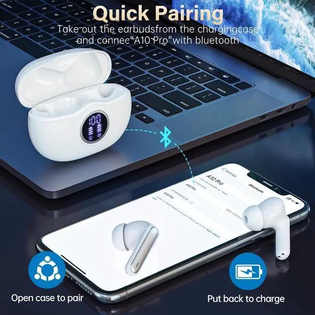 Alt view image 2 of 7 - Wireless Earbuds, Bluetooth 5.3 Headphones HiFi Stereo 50H Playback LED Digital Display Ear Buds with ENC Noise Canceling Headset, IPX7 Waterproof Earphones for Gym/Running/Work(White)