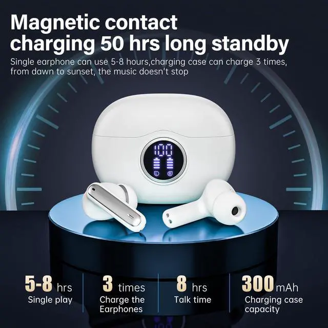 Alt view image 3 of 7 - Wireless Earbuds, Bluetooth 5.3 Headphones HiFi Stereo 50H Playback LED Digital Display Ear Buds with ENC Noise Canceling Headset, IPX7 Waterproof Earphones for Gym/Running/Work(White)