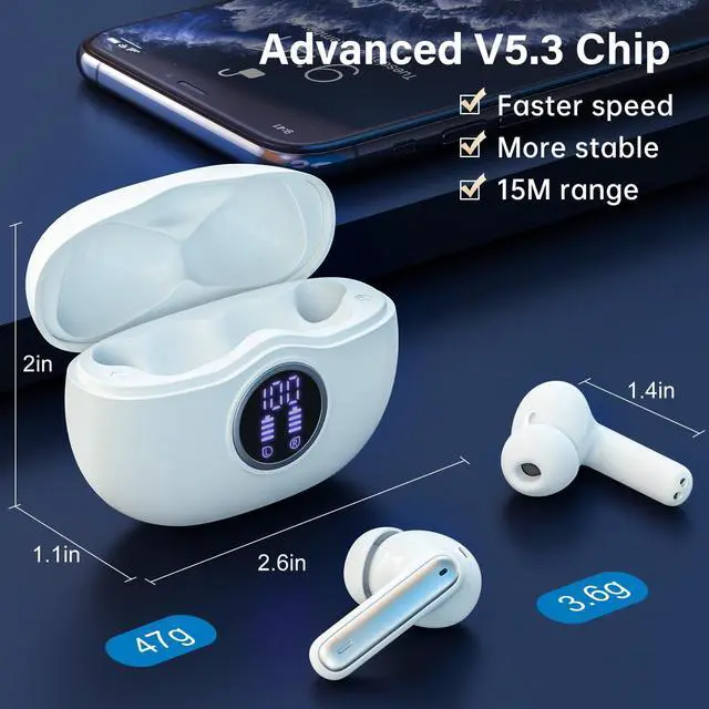 Alt view image 4 of 7 - Wireless Earbuds, Bluetooth 5.3 Headphones HiFi Stereo 50H Playback LED Digital Display Ear Buds with ENC Noise Canceling Headset, IPX7 Waterproof Earphones for Gym/Running/Work(White)
