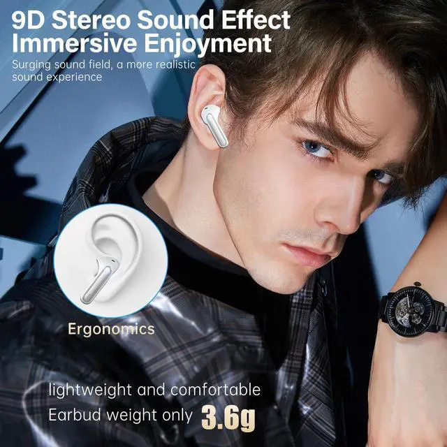 Alt view image 5 of 7 - Wireless Earbuds, Bluetooth 5.3 Headphones HiFi Stereo 50H Playback LED Digital Display Ear Buds with ENC Noise Canceling Headset, IPX7 Waterproof Earphones for Gym/Running/Work(White)
