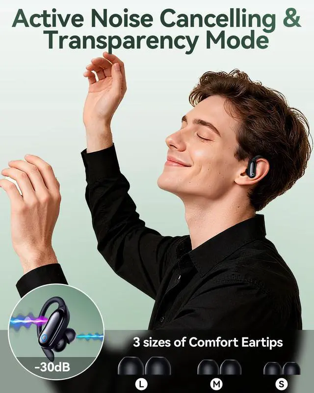 Alt view image 2 of 7 - GNMN Active Noise Cancelling Ear Buds Wireless Earbuds 96hrs Playback Bluetooth Headphones Dual Battery Display Stereo Bass Earphones with Earhooks Microphone IPX7 Waterproof for Sports/Runing/Workout