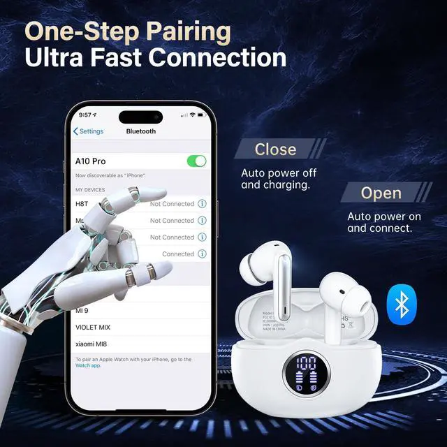 Alt view image 7 of 7 - Wireless Earbuds, Bluetooth 5.3 Headphones HiFi Stereo 50H Playback LED Digital Display Ear Buds with ENC Noise Canceling Headset, IPX7 Waterproof Earphones for Gym/Running/Work(White)