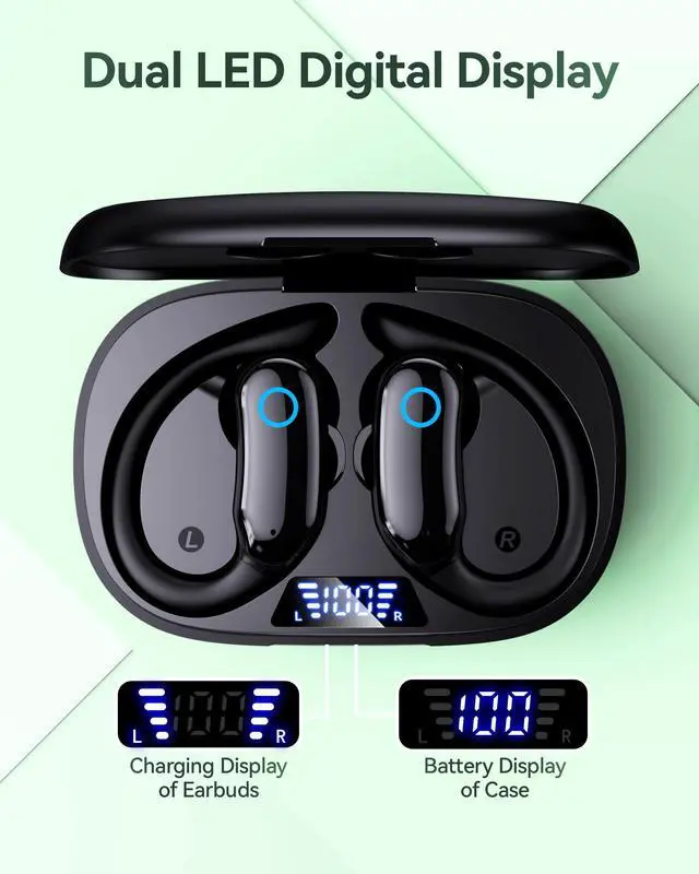Alt view image 4 of 7 - GNMN Active Noise Cancelling Ear Buds Wireless Earbuds 96hrs Playback Bluetooth Headphones Dual Battery Display Stereo Bass Earphones with Earhooks Microphone IPX7 Waterproof for Sports/Runing/Workout