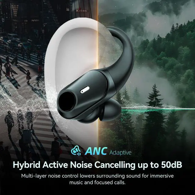 Alt view image 2 of 7 - Active Noise Cancelling Ear Buds Wireless Earbuds 80H Playtime Bluetooth Headphones with LED Display Case, Hi-Res Audio Clear Calls Earphones with Over Ear Hooks for Running Gym Workout Travel Black