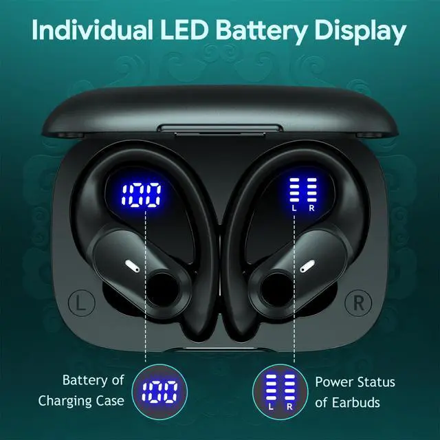 Alt view image 6 of 7 - Active Noise Cancelling Ear Buds Wireless Earbuds 80H Playtime Bluetooth Headphones with LED Display Case, Hi-Res Audio Clear Calls Earphones with Over Ear Hooks for Running Gym Workout Travel Black