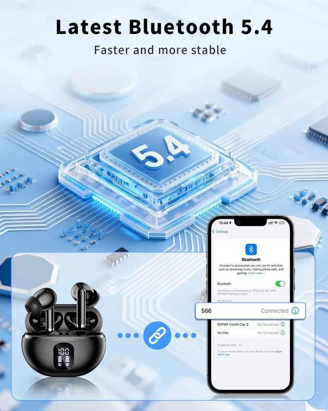 Alt view image 4 of 7 - XIAOWTEK Wireless Earbuds, Bluetooth 5.4 Ear Buds Bass Stereo, Headphones with Noise Cancelling Mic, LED Display in Ear Earphones Clear Calls, IP7 Waterproof Bluetooth Earbuds for Phone/Android/iPad
