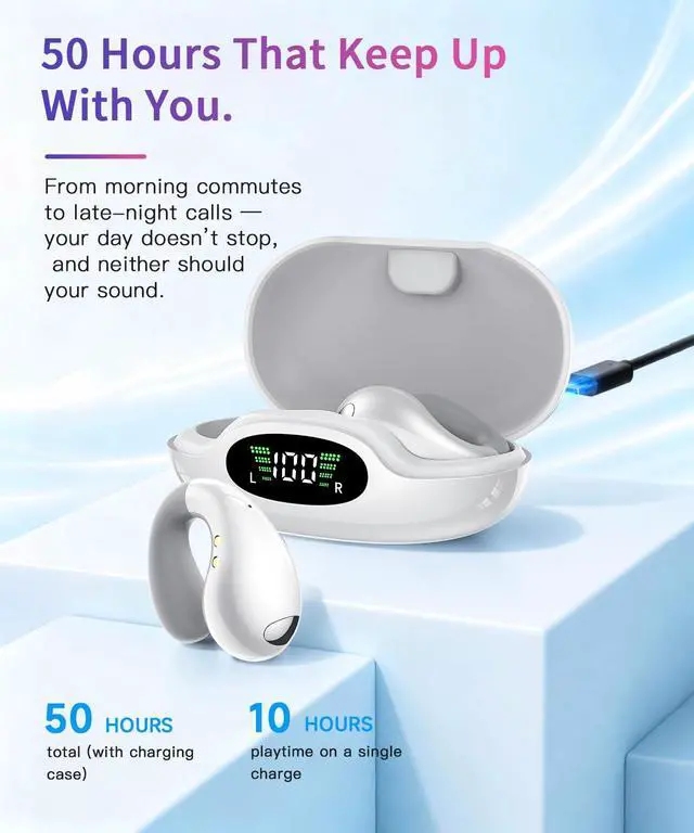 Alt view image 7 of 7 - Upgraded Ultra Open Ear Earbuds - Lightweight Comfort Clip-On Wireless Bone Conduction Earbuds, Secure Fit & AI-Powered Clear Calls Bluetooth Open Ear Headphones for Work,Commute,Workout,Running,White