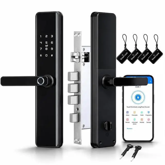 Main image of Smart Door Lock with Handle Keyless Entry Deadbolt with Fingerprint, Touchscreen Keypad, Tuya App Control, Passcode & Key, Doorbell, Auto Lock Electronic Front Door Lock for Home Security, Black