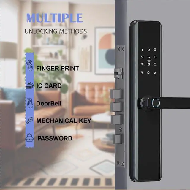 Alt view image 2 of 7 - Smart Door Lock with Handle Keyless Entry Deadbolt with Fingerprint, Touchscreen Keypad, Tuya App Control, Passcode & Key, Doorbell, Auto Lock Electronic Front Door Lock for Home Security, Black