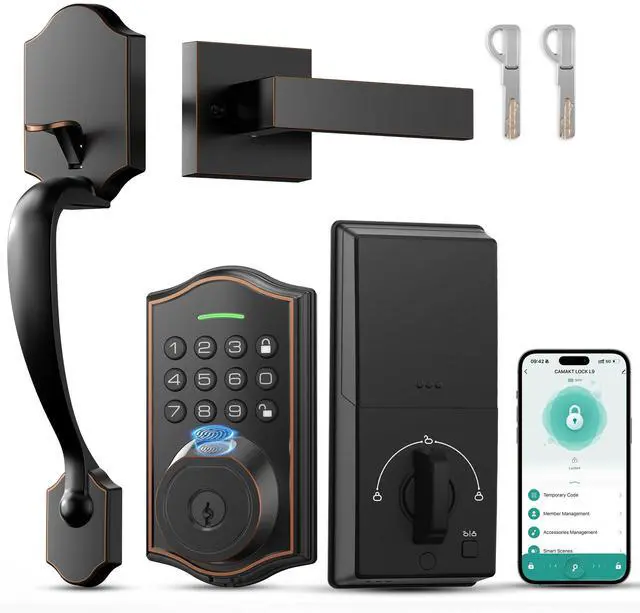 Main image of Keyless Entry Door Lock with Handle,Fingerprint Smart Front Door Lock Set,APP Control, Electronic Keypad Deadbolt with Lever Handle, Anti-Peeping, Auto Lock, Easy Install, Oil Rubbed Bronze