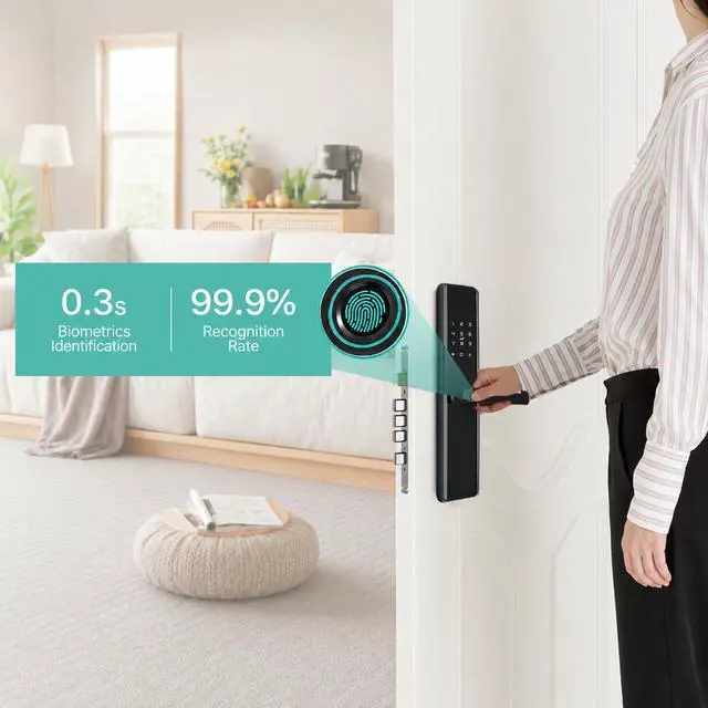 Alt view image 4 of 7 - Smart Door Lock with Handle Keyless Entry Deadbolt with Fingerprint, Touchscreen Keypad, Tuya App Control, Passcode & Key, Doorbell, Auto Lock Electronic Front Door Lock for Home Security, Black