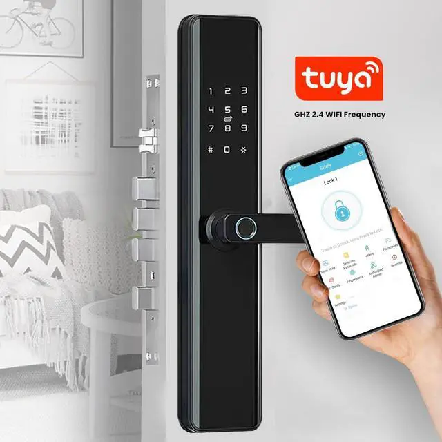Alt view image 5 of 7 - Smart Door Lock with Handle Keyless Entry Deadbolt with Fingerprint, Touchscreen Keypad, Tuya App Control, Passcode & Key, Doorbell, Auto Lock Electronic Front Door Lock for Home Security, Black
