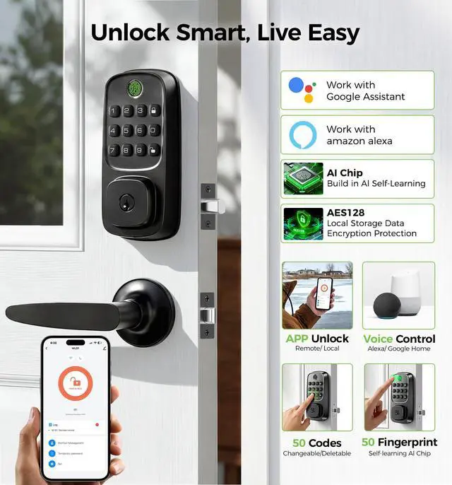 Alt view image 2 of 7 - WiFi Smart Door Locks for Front Door Lock Set, Keyless Entry Door Lock Deadbolt with Handle Set, Smart Deadbolt Lock with Alexa & Google Assistant, APP Control, Voice& Fingerprint Unlock, Auto Locking