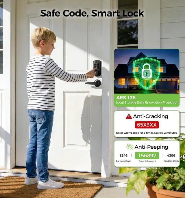 Alt view image 6 of 7 - WiFi Smart Door Locks for Front Door Lock Set, Keyless Entry Door Lock Deadbolt with Handle Set, Smart Deadbolt Lock with Alexa & Google Assistant, APP Control, Voice& Fingerprint Unlock, Auto Locking