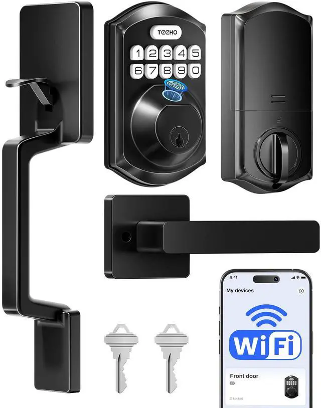 Main image of TEEHO TE012W-H WiFi Keypad Door Lock with Handle Set, Fingerprint Smart Locks, Front Door Keyless Entry, APP Remote & Voice Control, Digital Deadbolt with 2 Keys, Auto-Lock, Easy Install, Matte Black