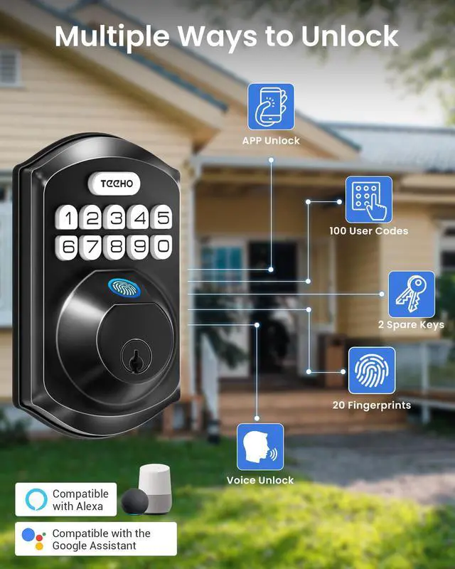 Alt view image 2 of 7 - TEEHO TE012W-H WiFi Keypad Door Lock with Handle Set, Fingerprint Smart Locks, Front Door Keyless Entry, APP Remote & Voice Control, Digital Deadbolt with 2 Keys, Auto-Lock, Easy Install, Matte Black