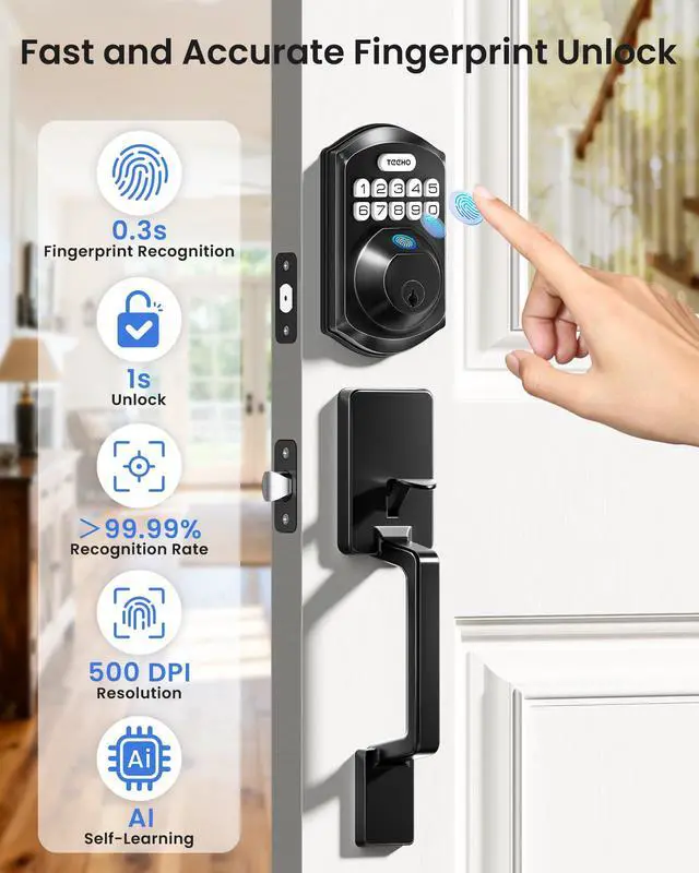 Alt view image 4 of 7 - TEEHO TE012W-H WiFi Keypad Door Lock with Handle Set, Fingerprint Smart Locks, Front Door Keyless Entry, APP Remote & Voice Control, Digital Deadbolt with 2 Keys, Auto-Lock, Easy Install, Matte Black