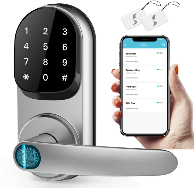 Main image of Sifely Keyless Entry Smart Lock - Fingerprint & Keypad Access, Front Door Handle, Silver
