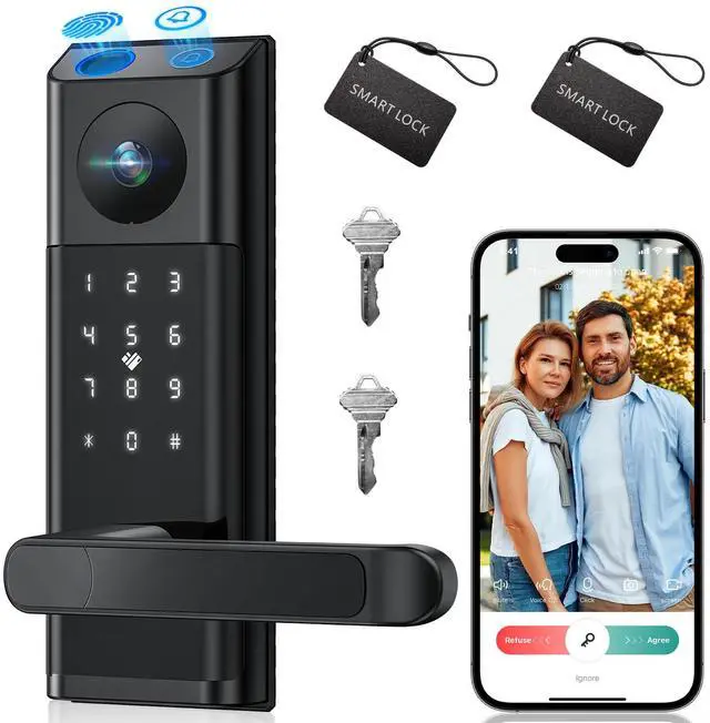 Main image of Video Smart Lock with Camera & Doorbell, 5-in-1 Keyless Entry Door Lock with Handle, Fingerprint+Keypad Code+App Remote Control+IC Card, Auto Lock, Wi-Fi Smart Deadbolt for Front Door, Apartment