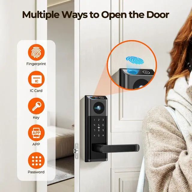 Alt view image 2 of 7 - Video Smart Lock with Camera & Doorbell, 5-in-1 Keyless Entry Door Lock with Handle, Fingerprint+Keypad Code+App Remote Control+IC Card, Auto Lock, Wi-Fi Smart Deadbolt for Front Door, Apartment