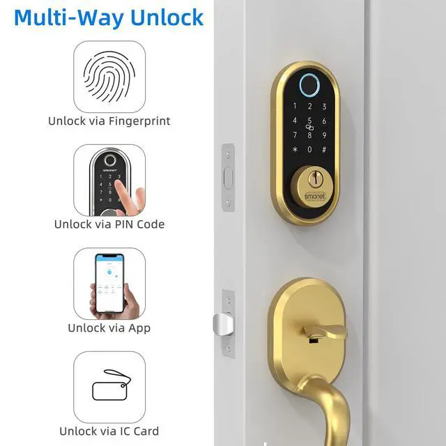 Alt view image 7 of 7 - Smart Lock SMONET Keyless Entry Front Door Lock Set Fingerprint Deadbolt Keypad Handleset Biometric Digital Smart Bluetooth Deadbolt Works with Alexa Gold