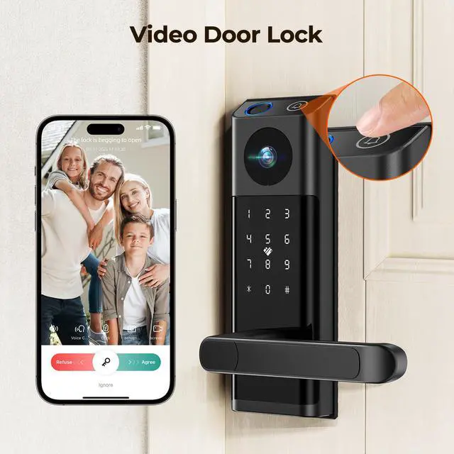 Alt view image 3 of 7 - Video Smart Lock with Camera & Doorbell, 5-in-1 Keyless Entry Door Lock with Handle, Fingerprint+Keypad Code+App Remote Control+IC Card, Auto Lock, Wi-Fi Smart Deadbolt for Front Door, Apartment