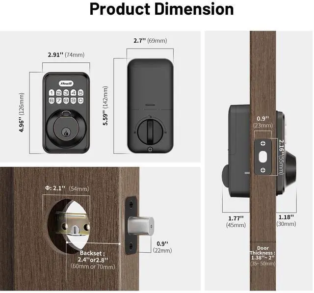 Alt view image 6 of 7 - Fingerprint Door Lock, Zowill Keyless Entry Door Lock Keypad Deadbolt with 20 Biometric Fingerprints, 20 User Codes, Auto Lock, Anti-Peeping Password, IP54 Waterproof, Easy Installation Smart Lock