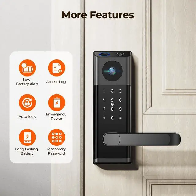 Alt view image 5 of 7 - Video Smart Lock with Camera & Doorbell, 5-in-1 Keyless Entry Door Lock with Handle, Fingerprint+Keypad Code+App Remote Control+IC Card, Auto Lock, Wi-Fi Smart Deadbolt for Front Door, Apartment