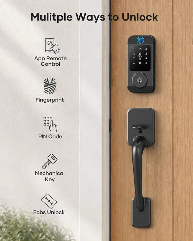 Alt view image 2 of 7 - Wi-Fi Smart Front Door Lock Set, Keyless Entry Deadbolt Handle Set Built-in WiFi Fingerprint Electronic Smart Deadbolt with Lever Handle, Digital Keypad, App Control Work with Alexa Black