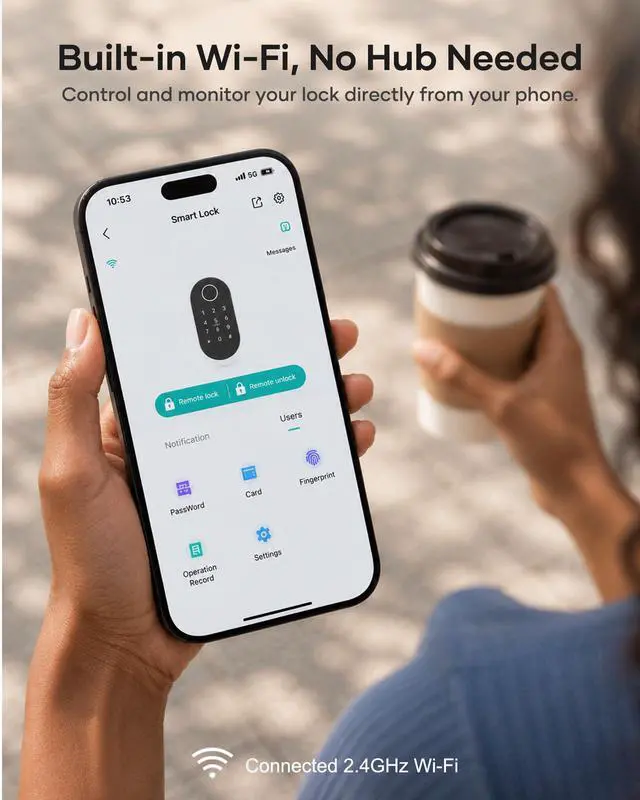 Alt view image 3 of 7 - Wi-Fi Smart Front Door Lock Set, Keyless Entry Deadbolt Handle Set Built-in WiFi Fingerprint Electronic Smart Deadbolt with Lever Handle, Digital Keypad, App Control Work with Alexa Black