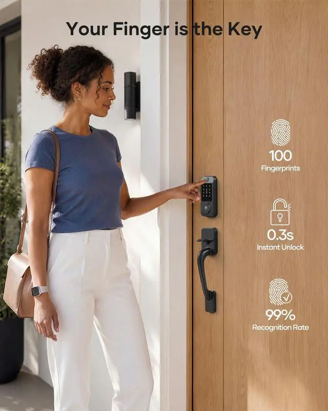 Alt view image 4 of 7 - Wi-Fi Smart Front Door Lock Set, Keyless Entry Deadbolt Handle Set Built-in WiFi Fingerprint Electronic Smart Deadbolt with Lever Handle, Digital Keypad, App Control Work with Alexa Black