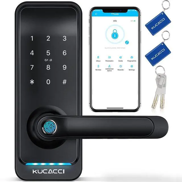 Main image of Smart Door Lock with Handle: Kucacci Keyless Entry Digital Door Lock for Front Door - Fingerprint Keypad Smart Dnob - Generate Passcode Remotely - App Control - Easy Installation(Black)