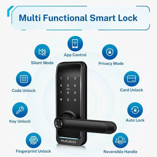 Alt view image 2 of 7 - Smart Door Lock with Handle: Kucacci Keyless Entry Digital Door Lock for Front Door - Fingerprint Keypad Smart Dnob - Generate Passcode Remotely - App Control - Easy Installation(Black)