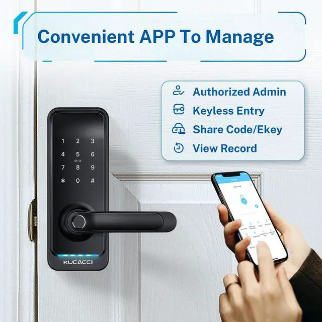 Alt view image 3 of 7 - Smart Door Lock with Handle: Kucacci Keyless Entry Digital Door Lock for Front Door - Fingerprint Keypad Smart Dnob - Generate Passcode Remotely - App Control - Easy Installation(Black)