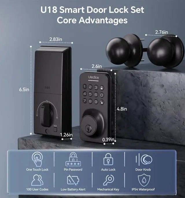 Alt view image 3 of 7 - Ulecoce Keyless Entry Door Lock with Knob Set, Door Locks for Front Door with Handle Set, Auto Lock, One-Touch Lock, 100 Codes & 3 Keys, Anti-Peeping Password, Easy Installation, Black