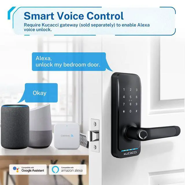 Alt view image 5 of 7 - Smart Door Lock with Handle: Kucacci Keyless Entry Digital Door Lock for Front Door - Fingerprint Keypad Smart Dnob - Generate Passcode Remotely - App Control - Easy Installation(Black)