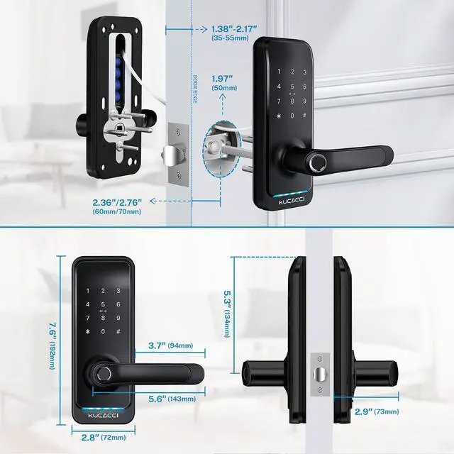 Alt view image 6 of 7 - Smart Door Lock with Handle: Kucacci Keyless Entry Digital Door Lock for Front Door - Fingerprint Keypad Smart Dnob - Generate Passcode Remotely - App Control - Easy Installation(Black)
