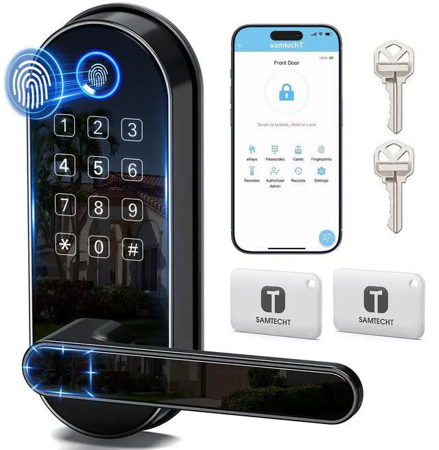 Main image of Bluetooth Fingerprint Smart Lock with Handle & Keypad Fits Most US Doors, DIY Install, Keyless Entry: Code, FOB, Auto-Lock. Ideal for Home, Airbnb, Rental, Kids, Seniors. Alexa & Google Compatible