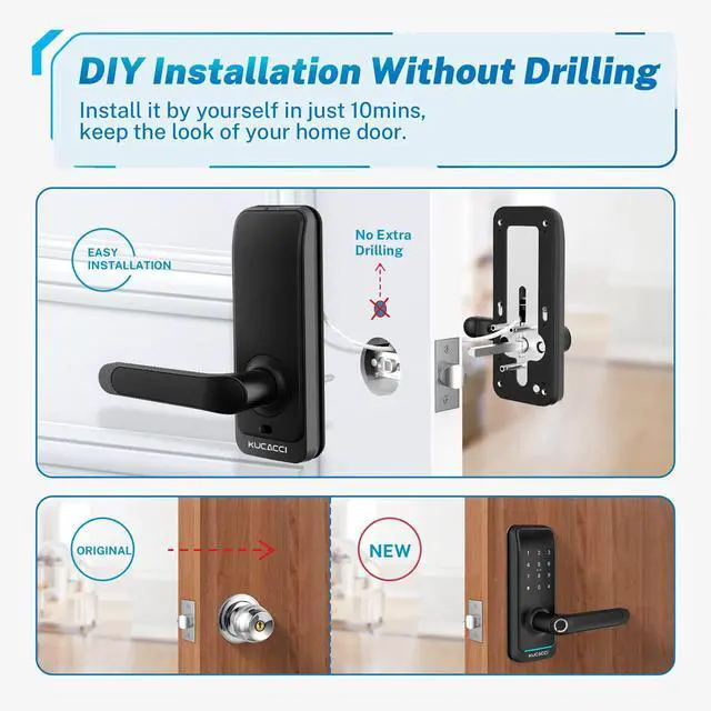Alt view image 7 of 7 - Smart Door Lock with Handle: Kucacci Keyless Entry Digital Door Lock for Front Door - Fingerprint Keypad Smart Dnob - Generate Passcode Remotely - App Control - Easy Installation(Black)