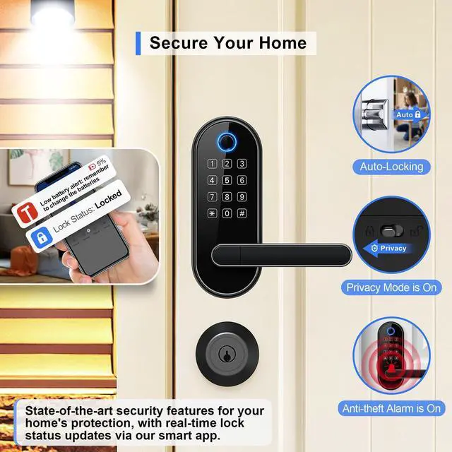 Alt view image 4 of 7 - Bluetooth Fingerprint Smart Lock with Handle & Keypad Fits Most US Doors, DIY Install, Keyless Entry: Code, FOB, Auto-Lock. Ideal for Home, Airbnb, Rental, Kids, Seniors. Alexa & Google Compatible