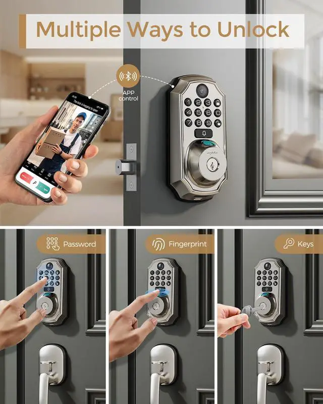 Alt view image 5 of 7 - ARPHA WiFi Smart Lock with Camera - Keyless Entry Deadbolt with Handle Set, 5-in-1 Camera+Doorbell+Fingerprint+Keypad, App Control, Auto Lock, Easy Install, Waterproof for Front Door, Satin Nickel