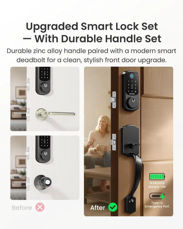 Alt view image 3 of 7 - DESLOC B200 Keyless Entry Door Lock with Handle Set, Smart Locks for Front Door, Deadbolt Smart Lock, Front Door Locks Set, Electronic keypad Deadbolt with Handle, 12 Months Battery, IP54